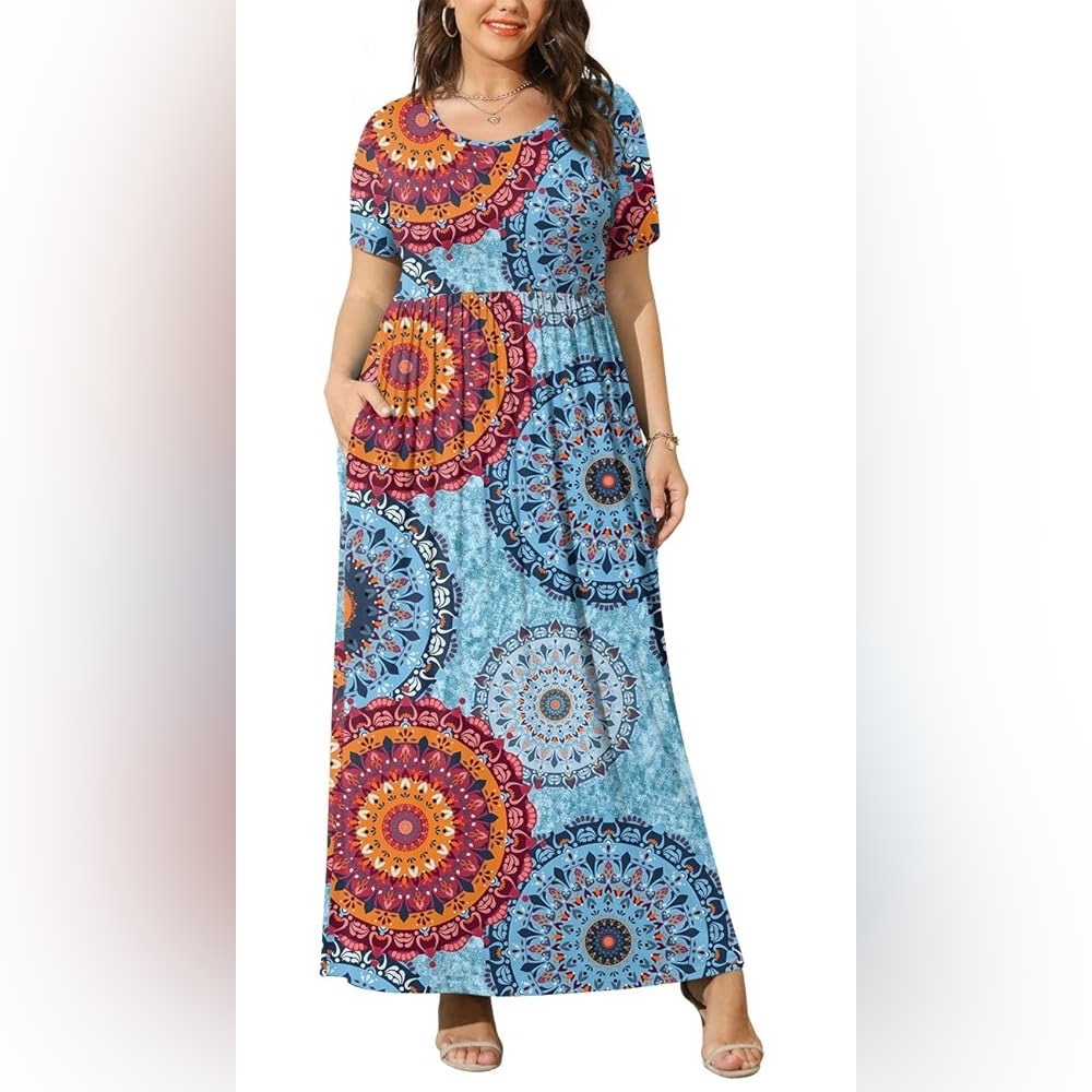 Boho Blue Medallion Maxi Dress - Short Sleeve